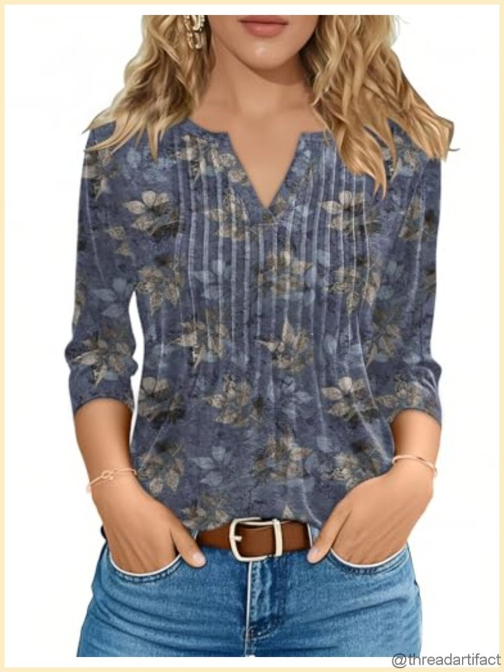 Women's Pleated V-Neck Tunic Top 3/4 Sleeve Polyester Blend Casual Blouse
